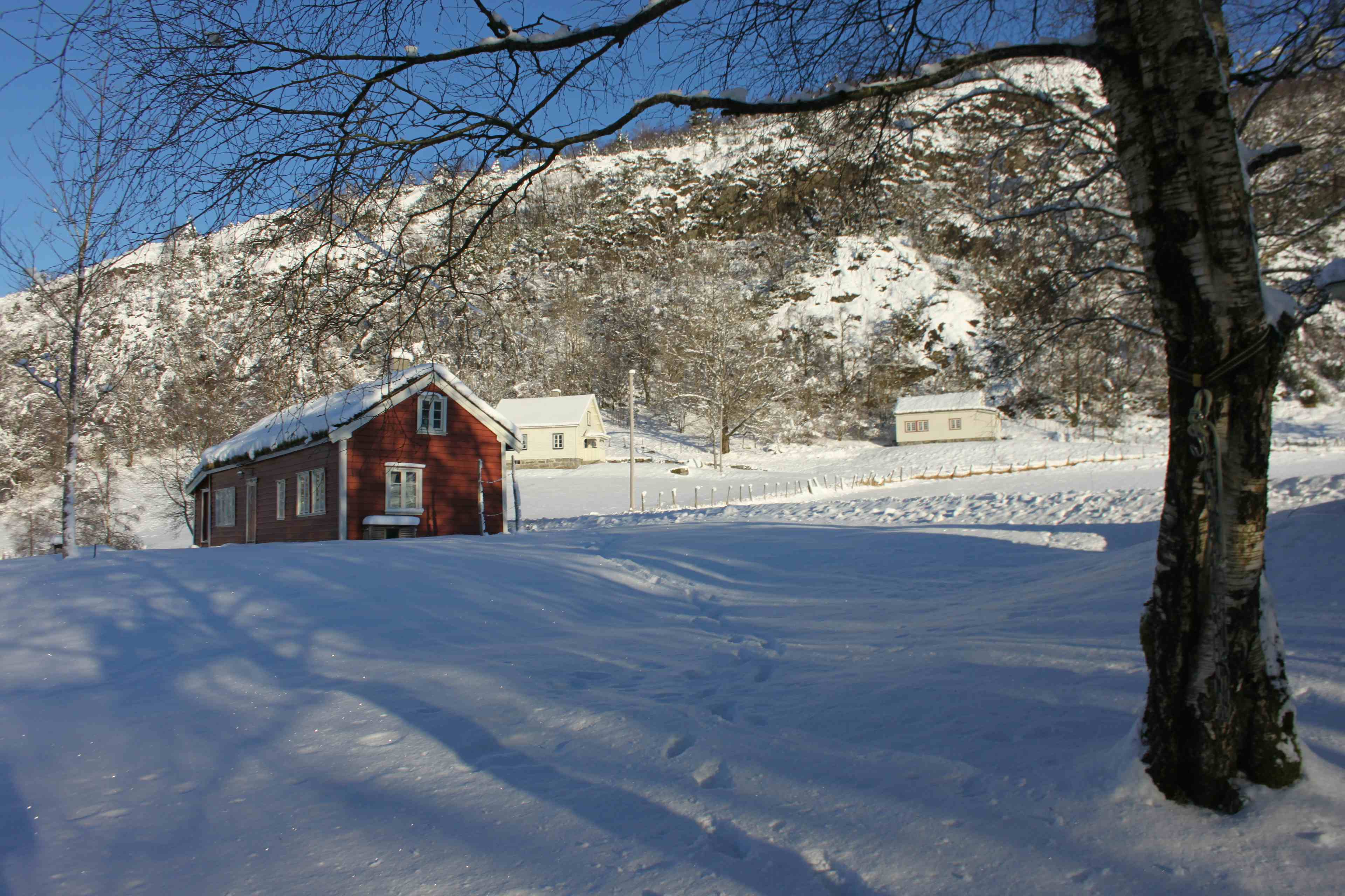 Området utenfor hyttene er dekket med snø.