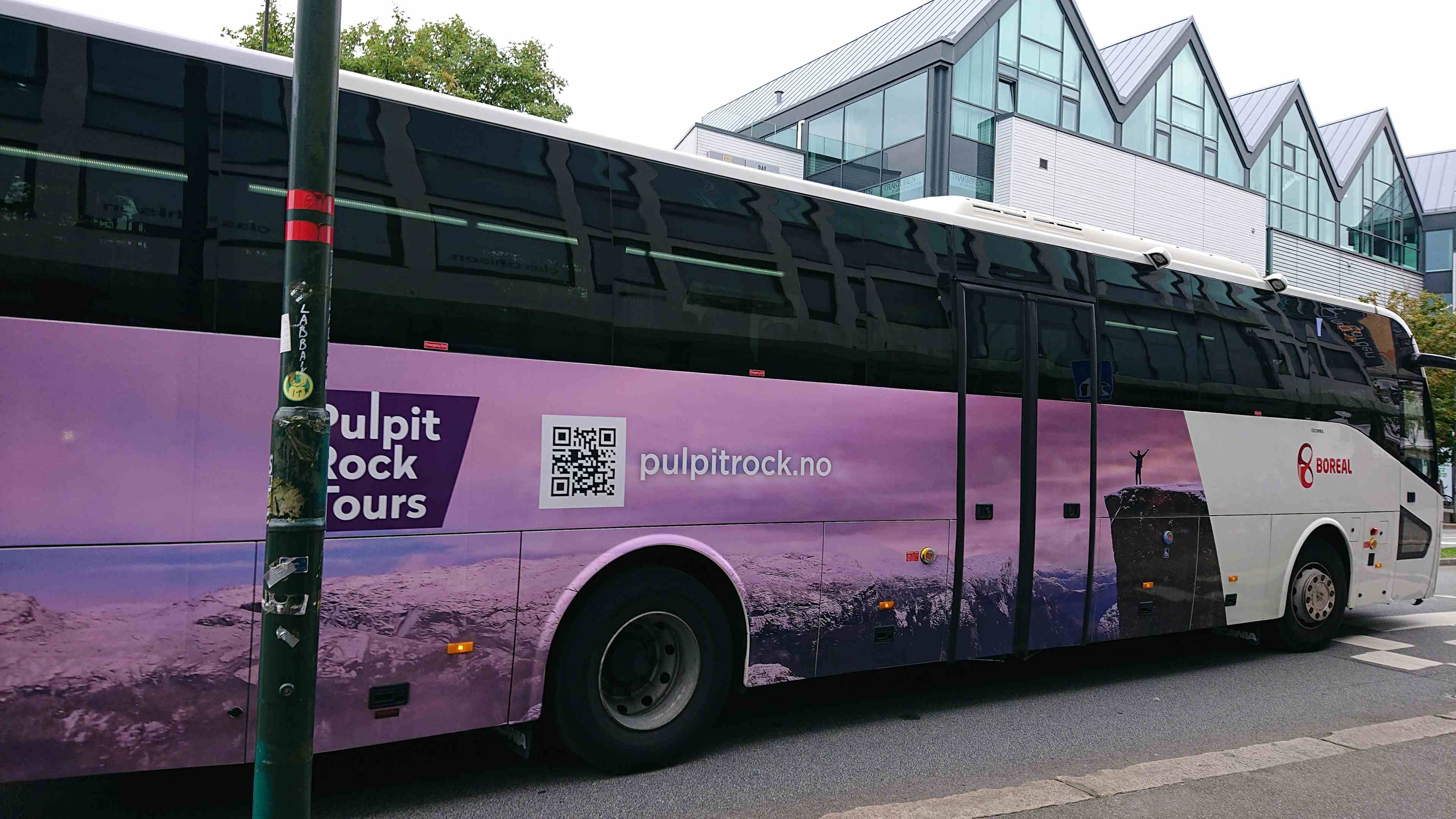 Buss til Preikestolen - rosa buss med Pulpit Rock Tours på.