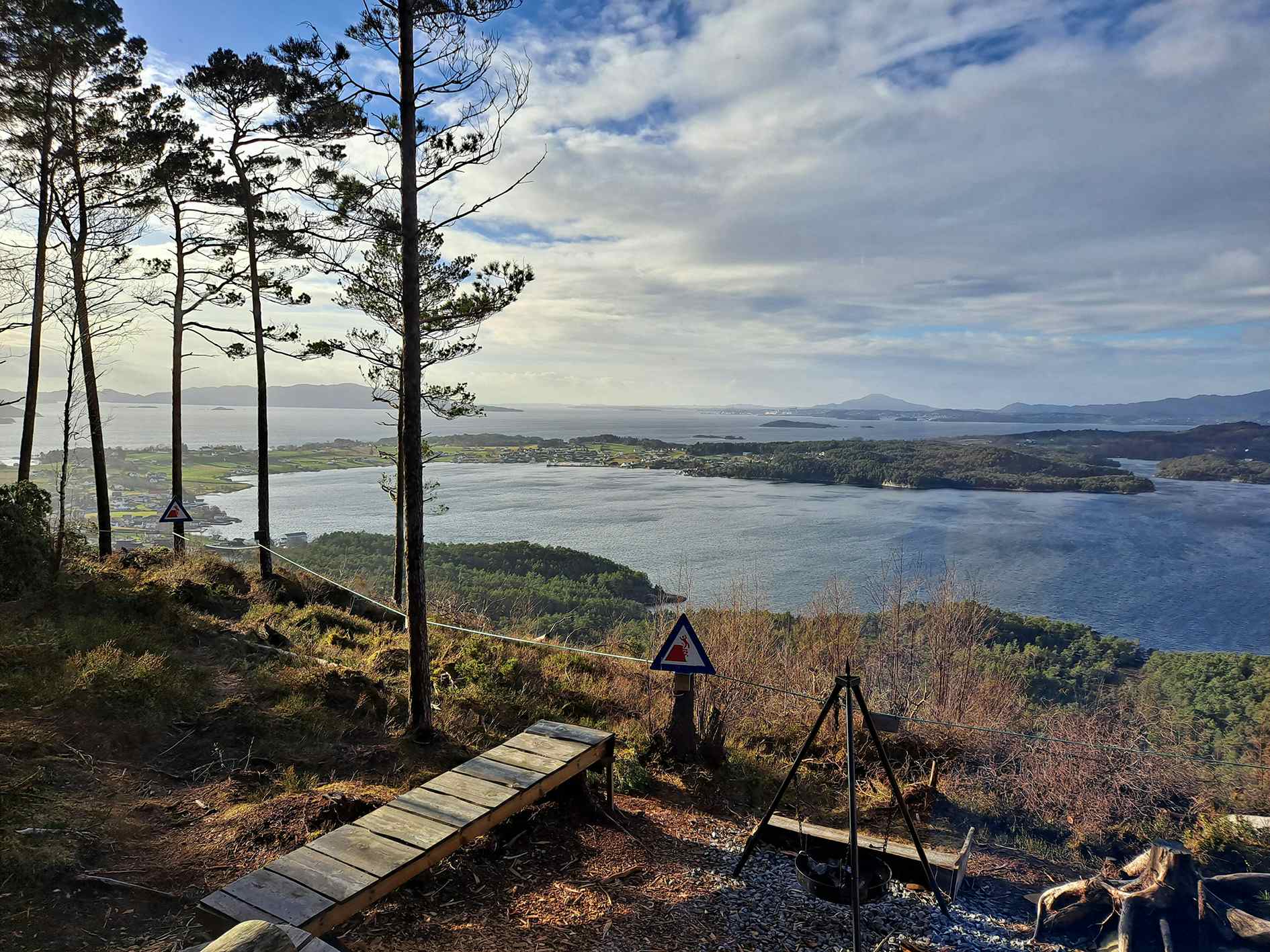 Utsikt fra fjell med skog mot Eidsvik og fjellet Siggjo i horisonten. Foto.