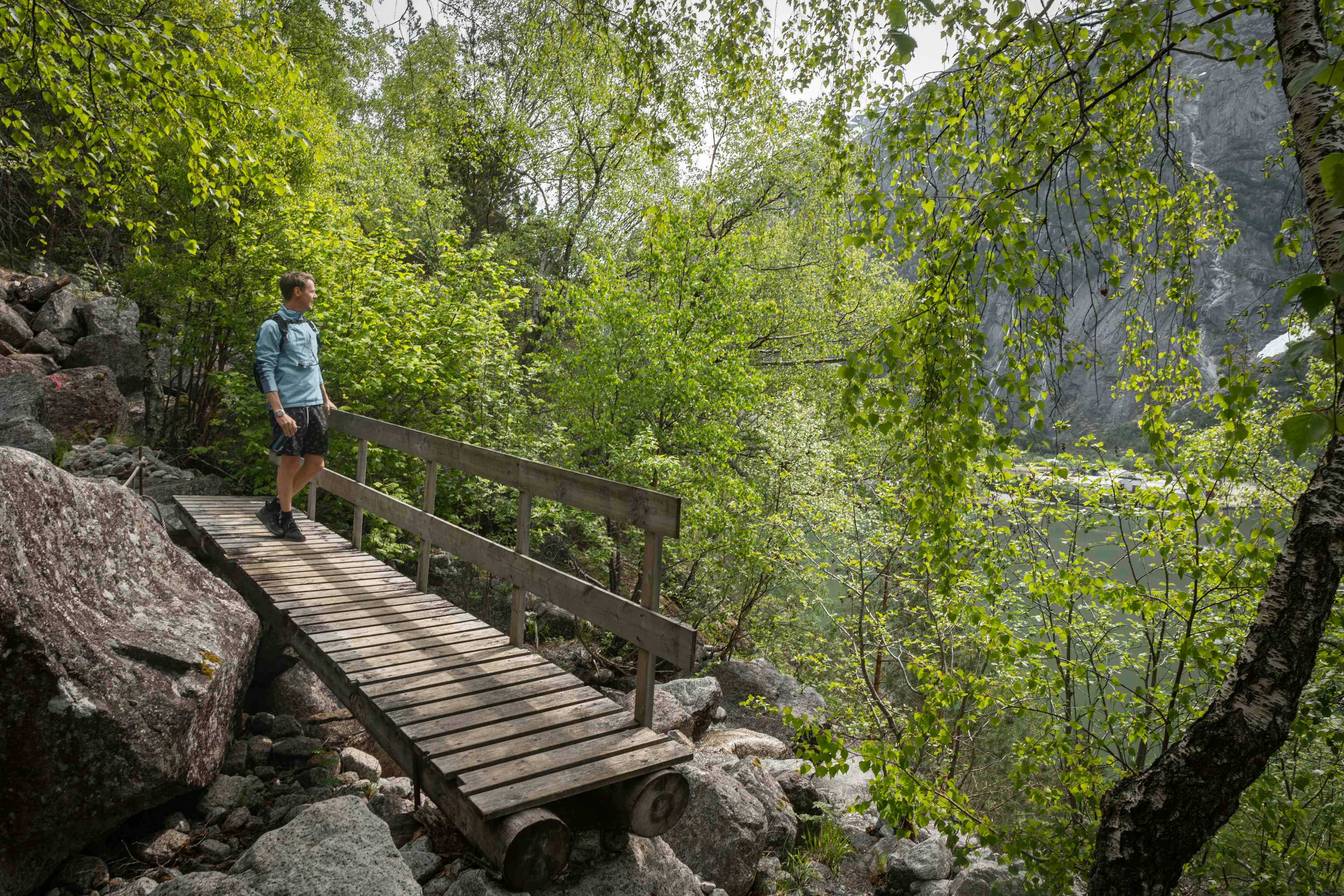 En kvinnelig turgåer som går på trestien boltet inn i fjellveggen ved siden av fjorden.