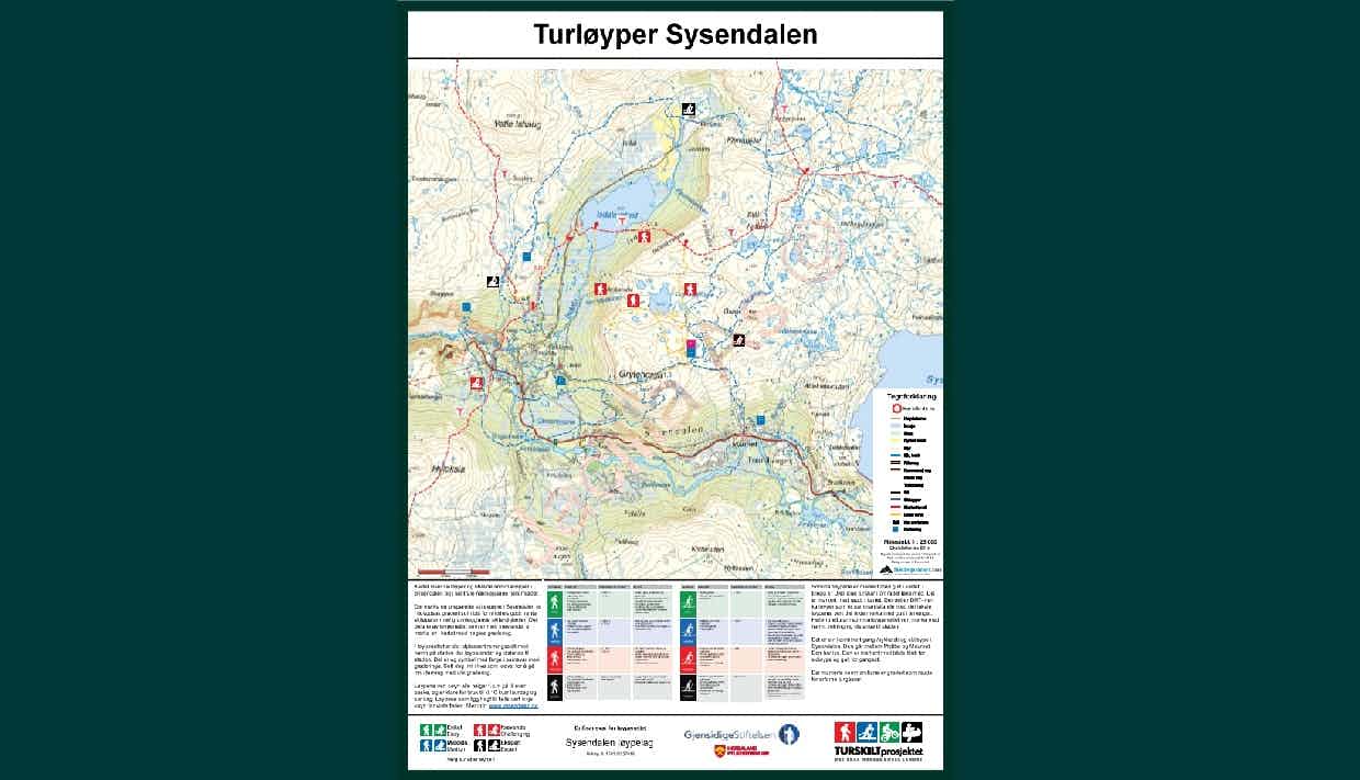 Kart over turstier i Sysendalen.