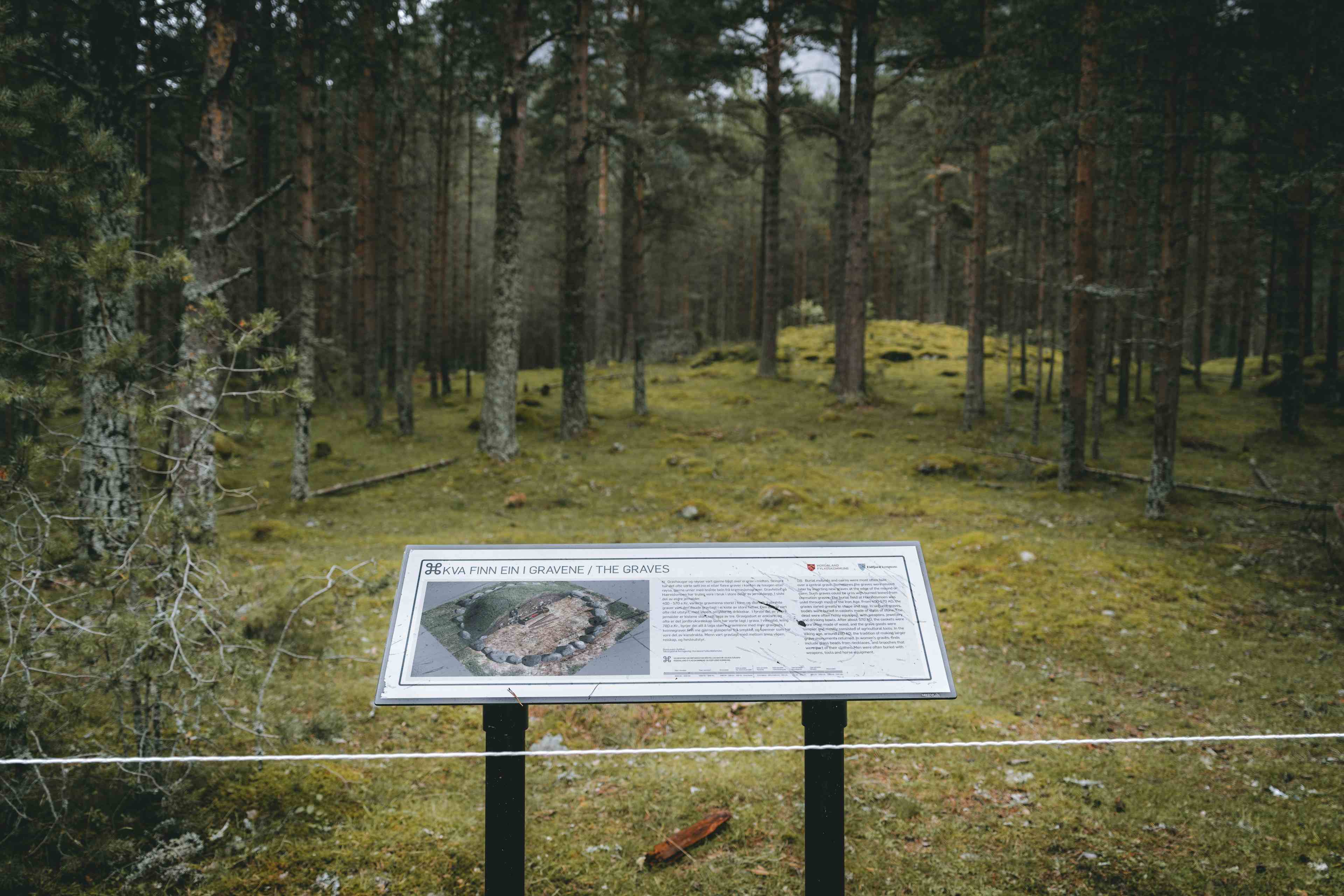 En informasjonstavle foran en vikinggrav.